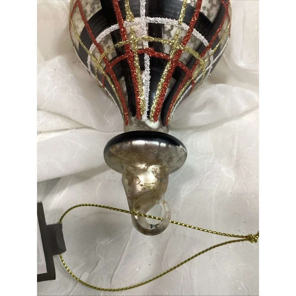 Mercury Glass Finial Christmas Plaid Ornaments X4 Black, Red, Gold & Silver 9